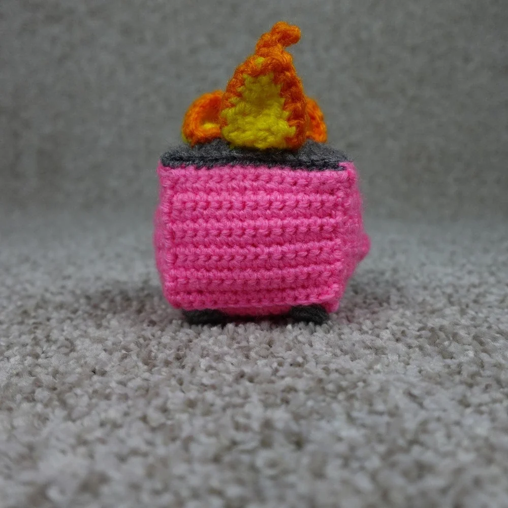 Handmade Pink Crochet Emotional Support Dumpster Fire Amigurumi Plush Desk Decor